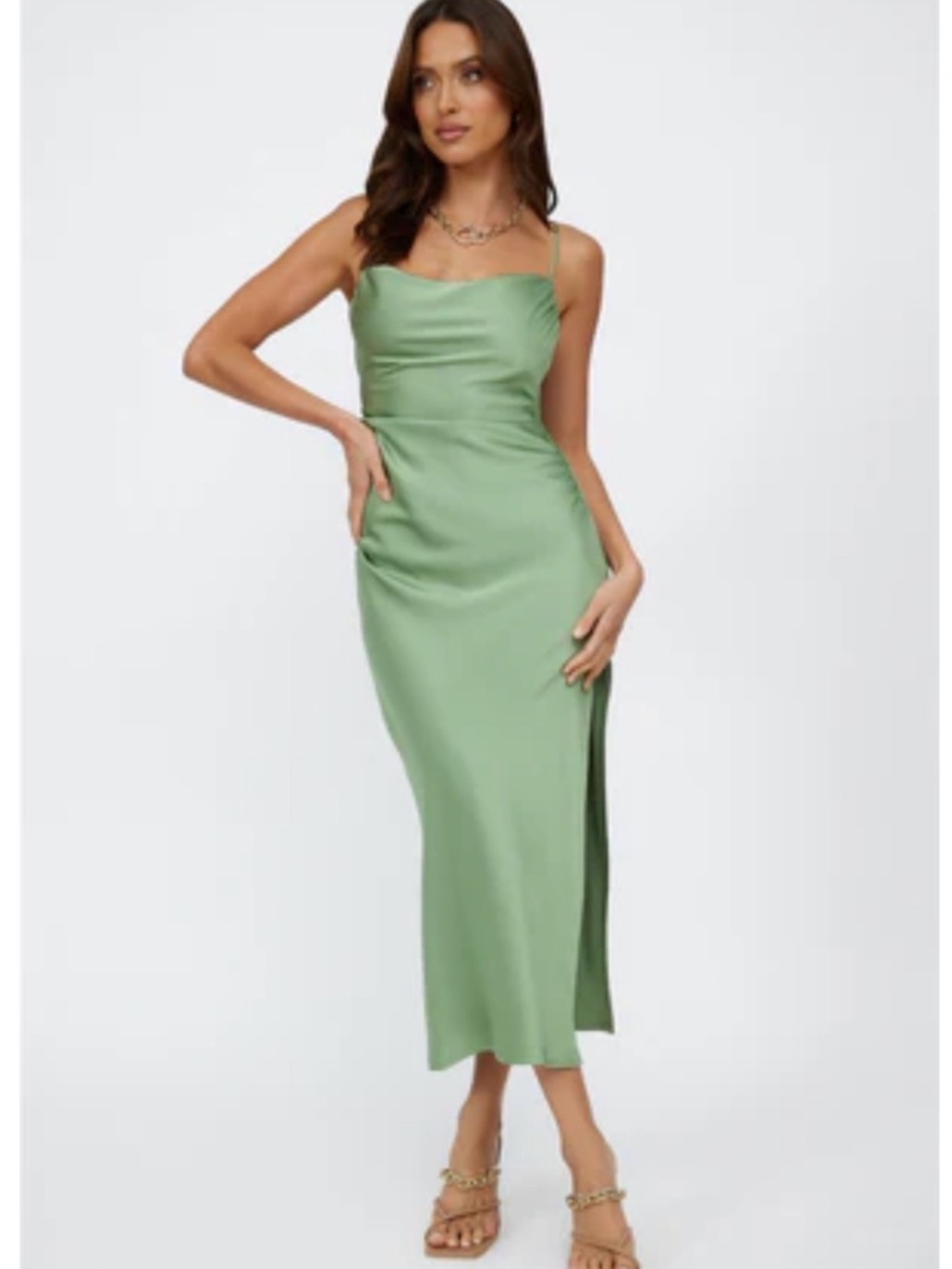 Hello Molly Satin Cowl Midi Dress in Sage